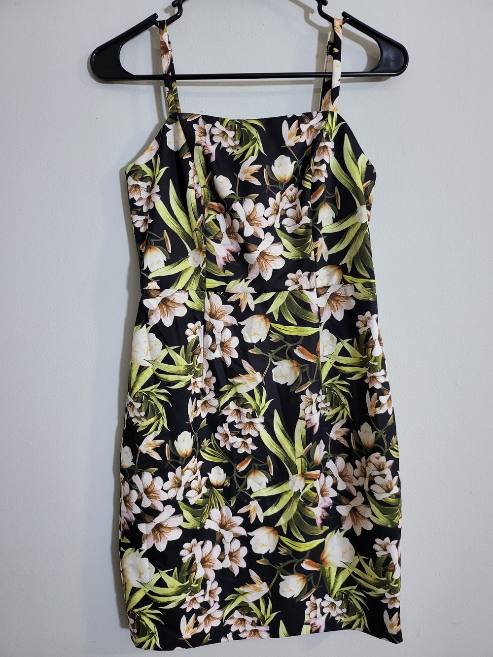 Floral Spaghetti Strap Sheath Dress - Black/Green